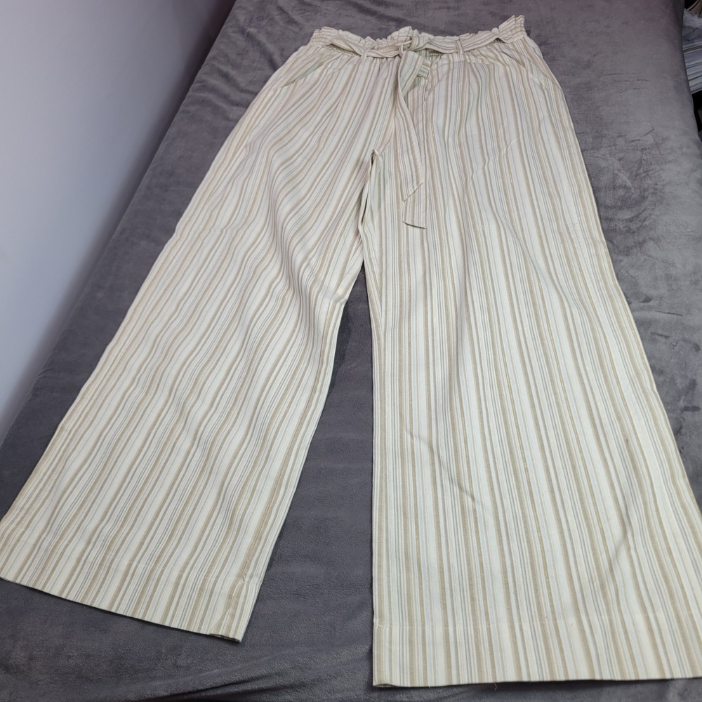 Kate & Sam Womens Large Wide Leg Striped Paperbag Waist Pants Tan Gold Metallic